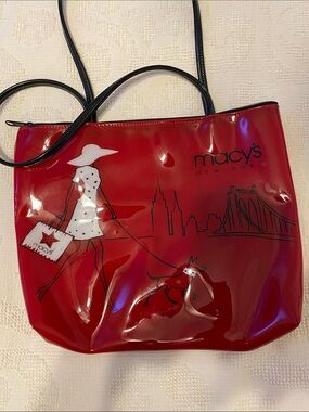 Macy's Red Patent Tote with Black Trim and Fashion Illustration